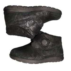 Cosyfeet Martha Ankle Boots Womens 8.5 Black Paisley Faux Fur Lined Hook & Loop